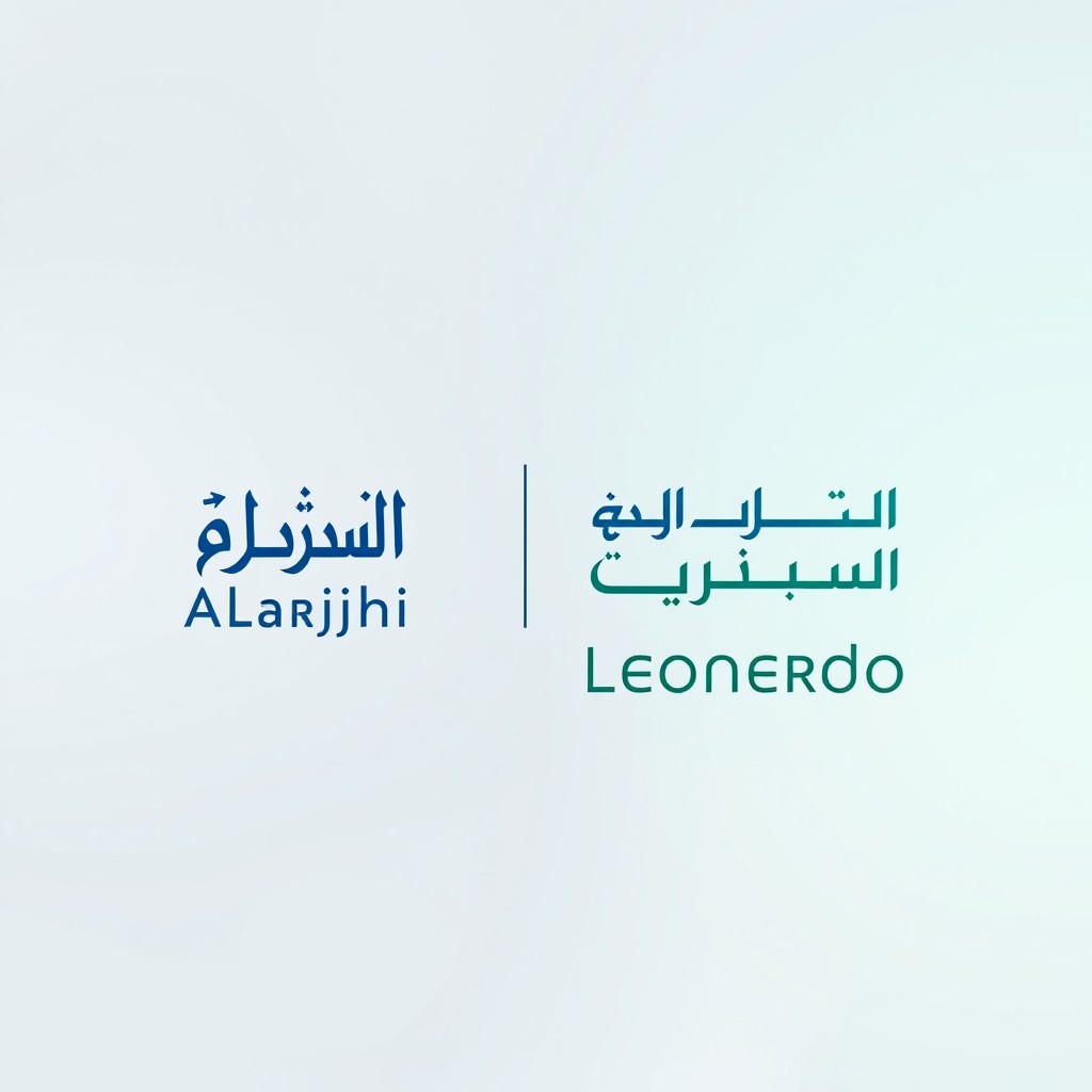 A creative and modern design concept showcasing a combination of the Alrajhi Capital logo and the Leonardo company logo