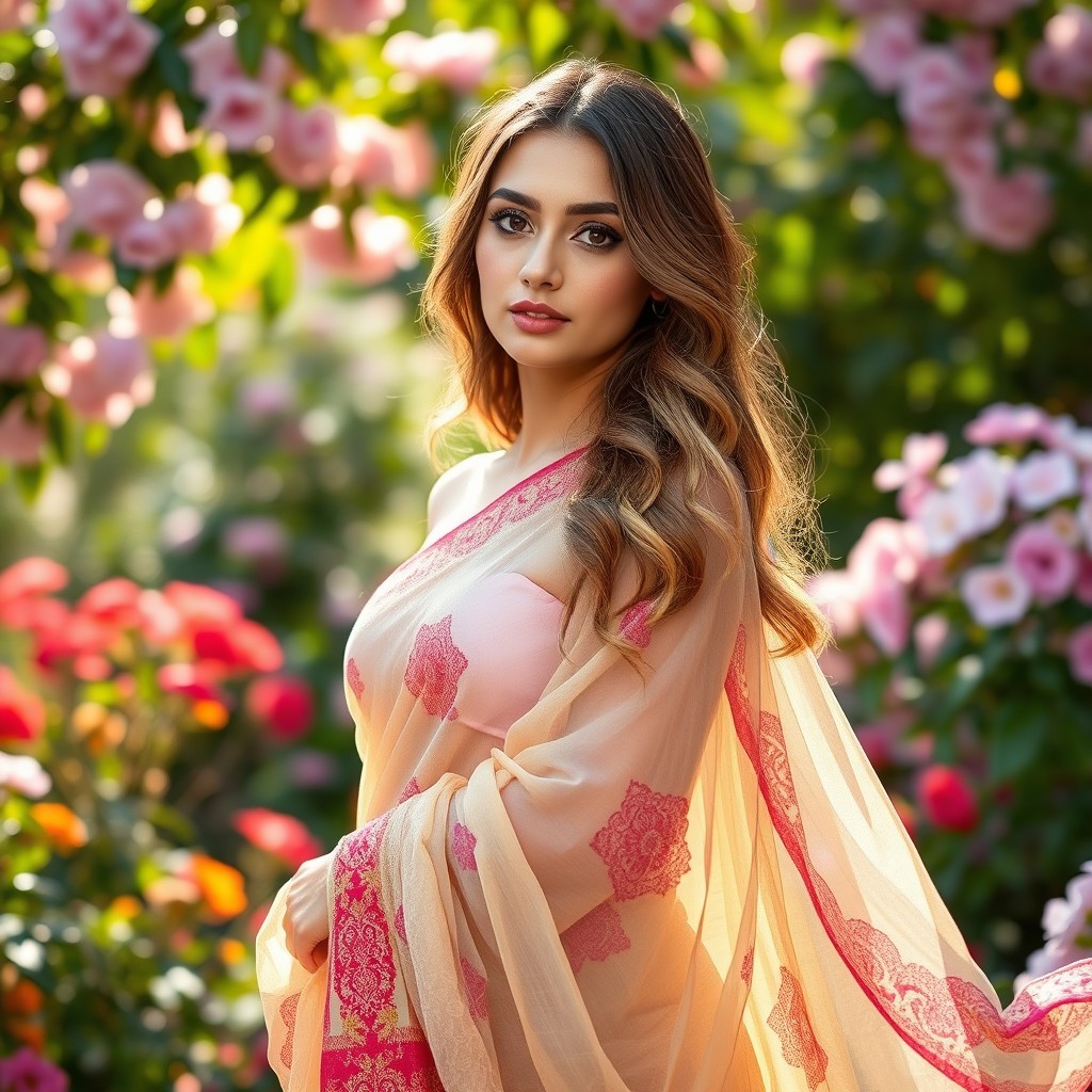 A beautiful young woman wearing a transparent casual saree that elegantly drapes around her