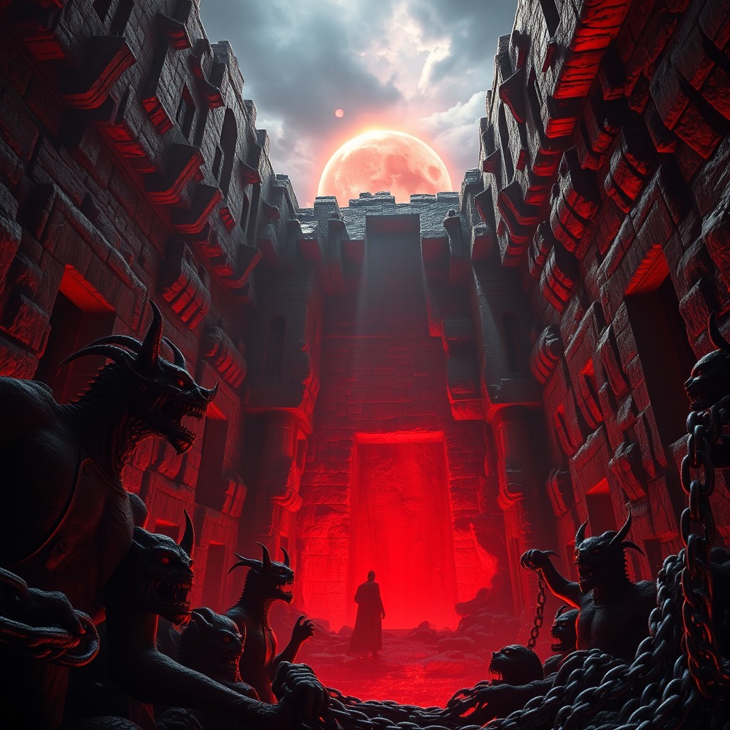 A massive hellish chasm opening beneath ancient Jerusalem, glowing with an intense red light