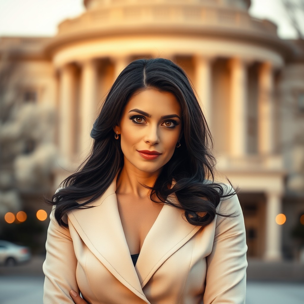 A portrait of a woman resembling a political figure with a confident expression, wearing a stylish outfit that reflects modern political fashion