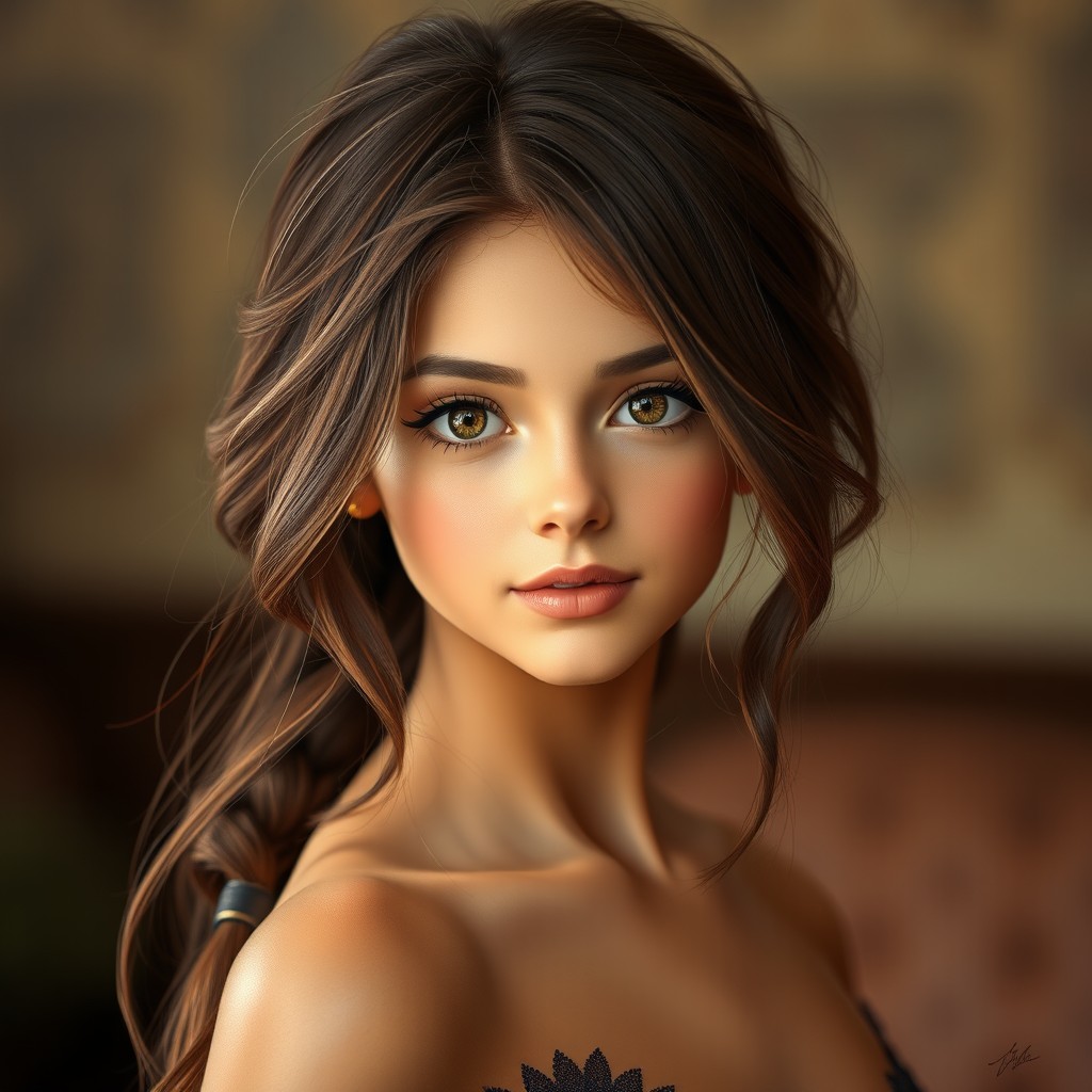 A beautiful girl with brown hair, exuding charm and allure, captivating those around her with her enchanting presence