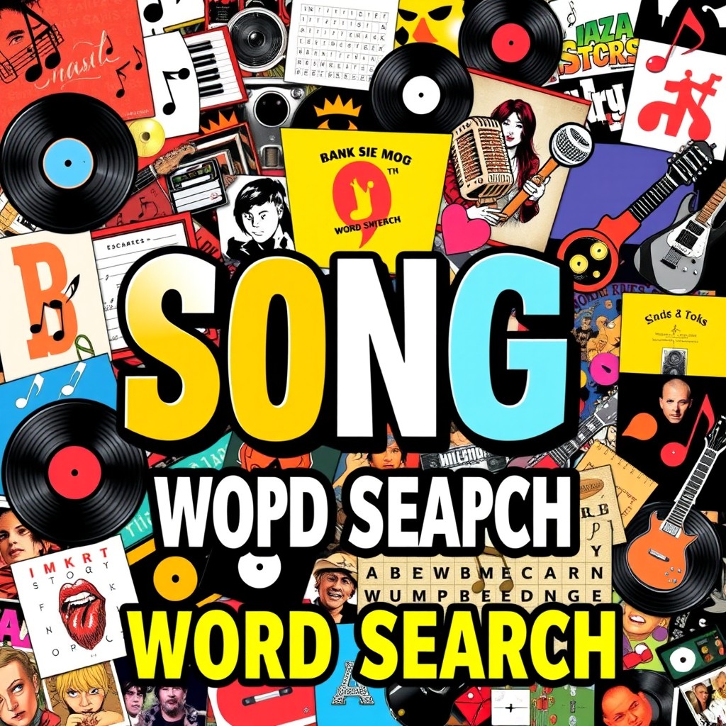 A vibrant and engaging book cover for a word search puzzle book titled "Songs, Bands and Singers Word Search", prominently featuring the word "SONGS" in a bold, eye-catching font