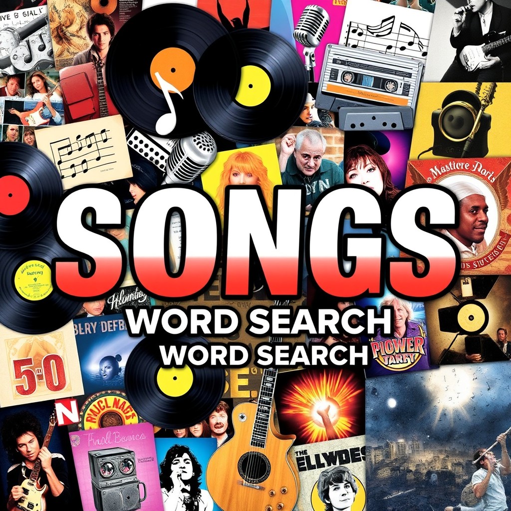 A vibrant and engaging book cover for a word search puzzle book titled "Songs, Bands and Singers Word Search", prominently featuring the word "SONGS" in a bold, eye-catching font