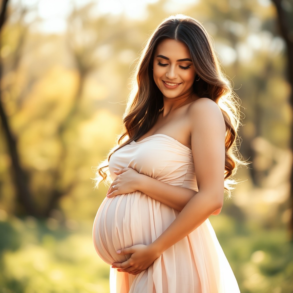 A stunning portrait of a beautiful pregnant woman, showcasing her glowing skin and elegant posture
