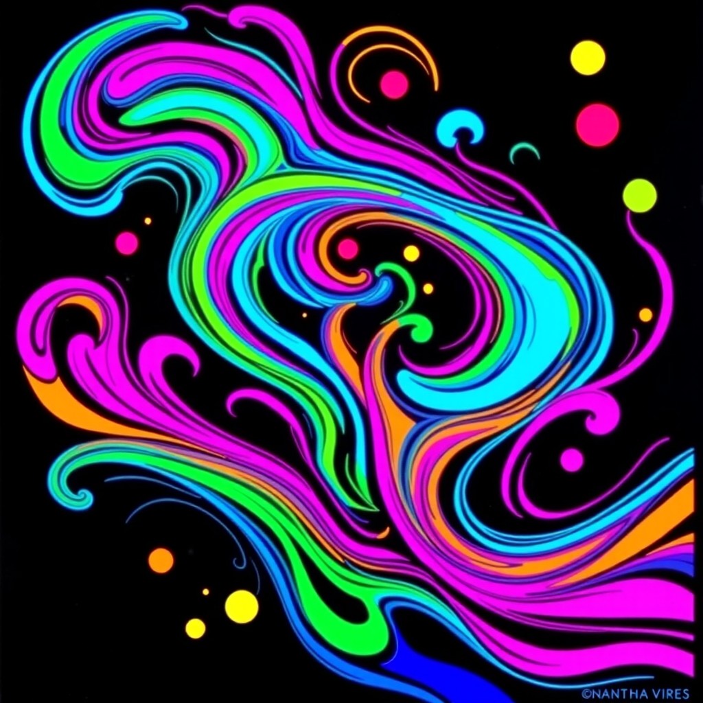 A blacklight poster featuring a vibrant abstract design inspired by the work of Audrey Herbertson, showcasing colorful swirling patterns and shapes that come to life under UV light
