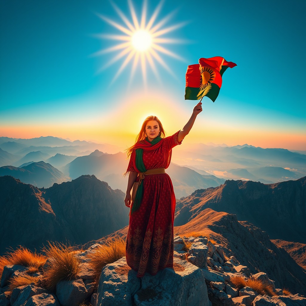 A cinematic style poster featuring a breathtaking mountain landscape with a brilliant sunrise at the top, casting warm, golden rays over the scene