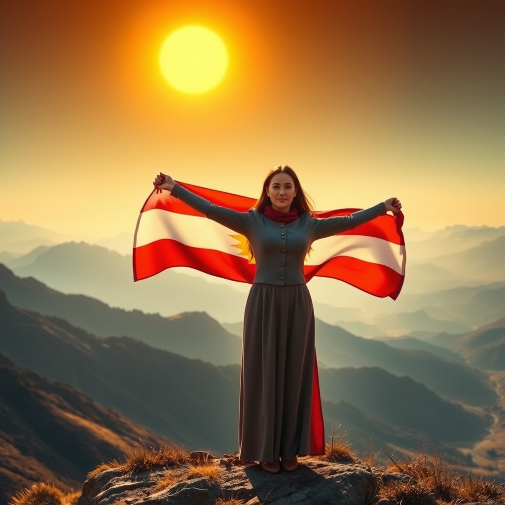 A cinematic style poster depicting a stunning mountain landscape with a bright, golden yellow sun rising at the top, illuminating the scene