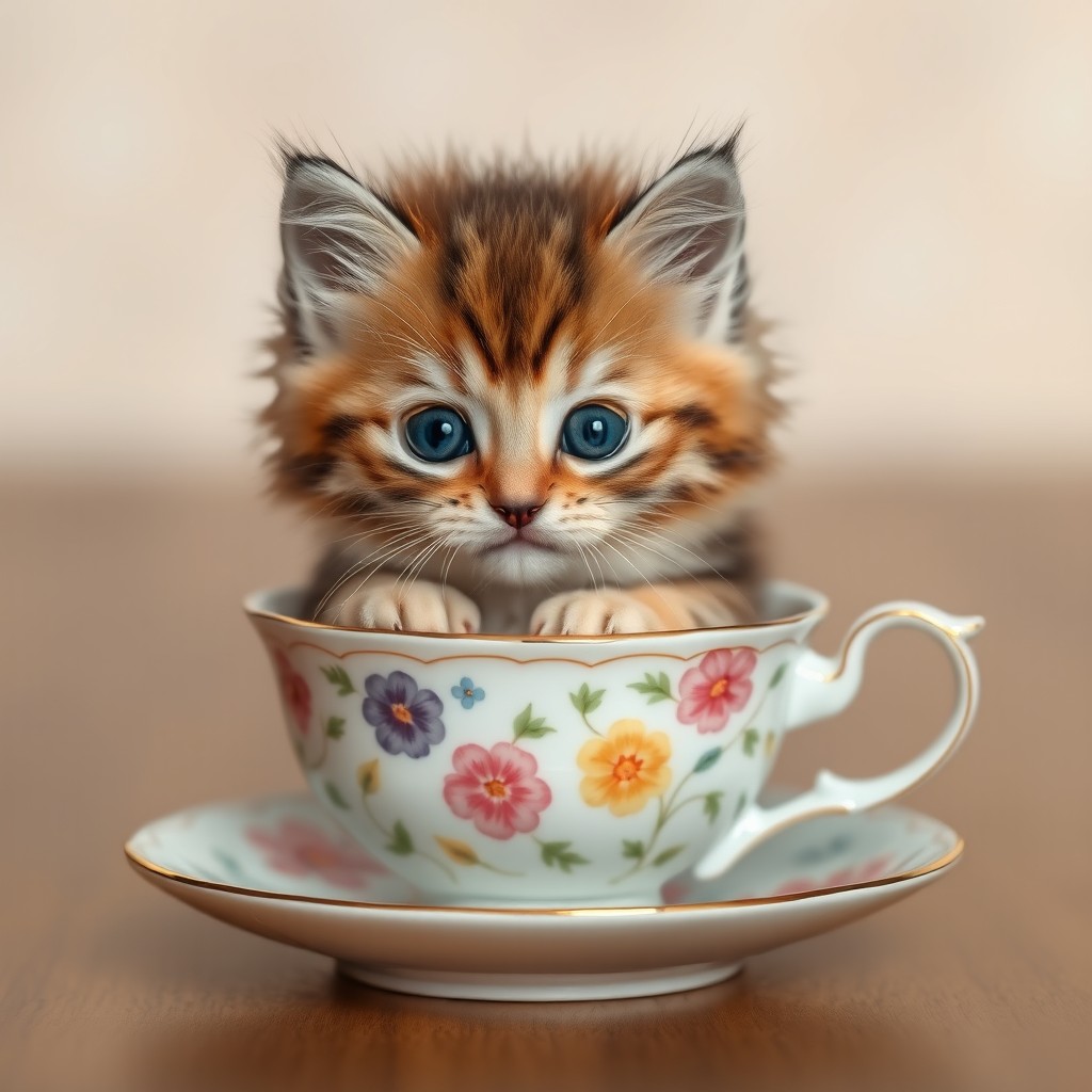 A raw photograph of an adorable fluffy kitten seated comfortably inside a delicate porcelain teacup, showcasing its big sparkling eyes and playful demeanor