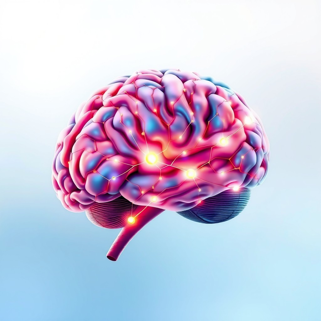 A highly detailed illustration of a human brain with vibrant colors, showcasing the intricate neural pathways, synapses, and brain structure