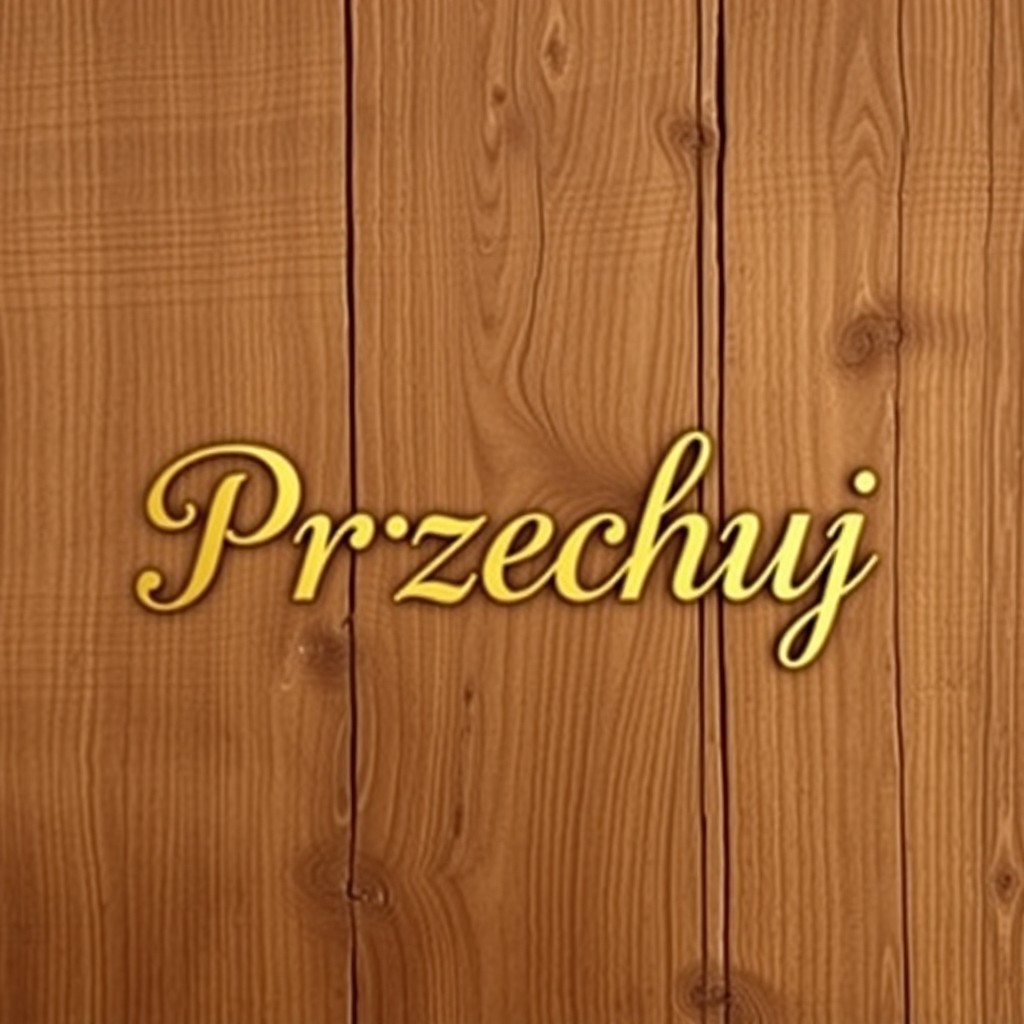 A wooden background with a golden inscription reading "Przechuj" elegantly designed