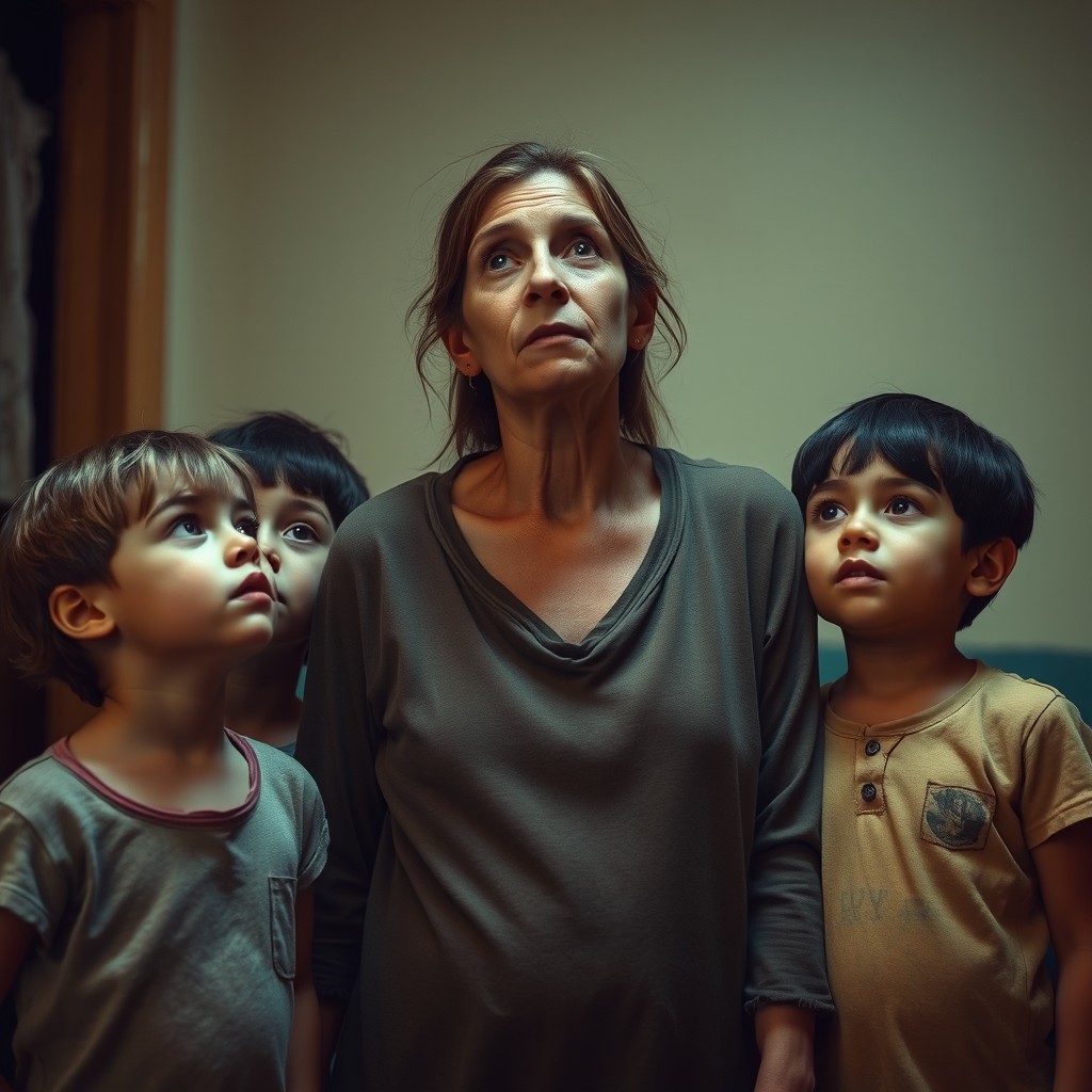 A lonely, sick woman looking distressed as she stands with three children around her, seeking help