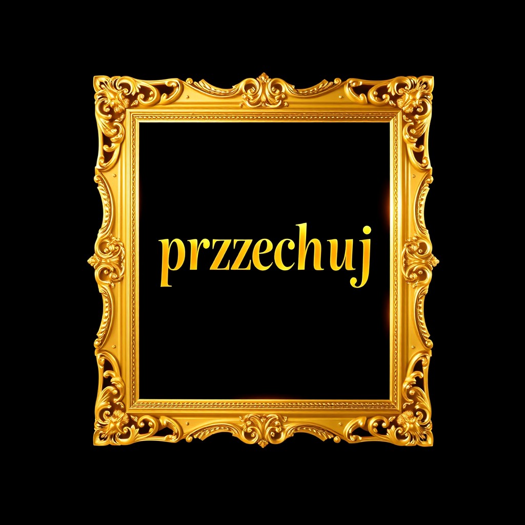 A stunning golden text that reads 'przechuj' elegantly displayed within an ornate golden frame, set against a rich black background