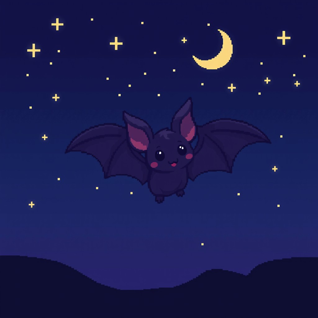 A small, cute bat silhouetted against a dark night sky with twinkling stars, designed in pixel art style