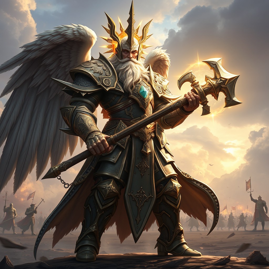 A majestic aasimar cleric of the war domain, standing an impressive 2 meters tall