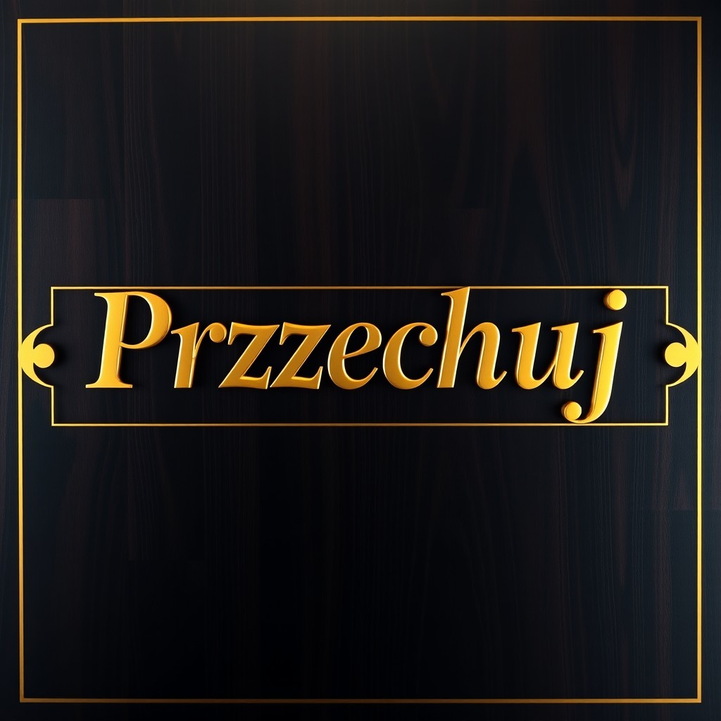 A luxurious design featuring the word 'Przechuj' in elegant gold lettering, framed by a sophisticated golden border