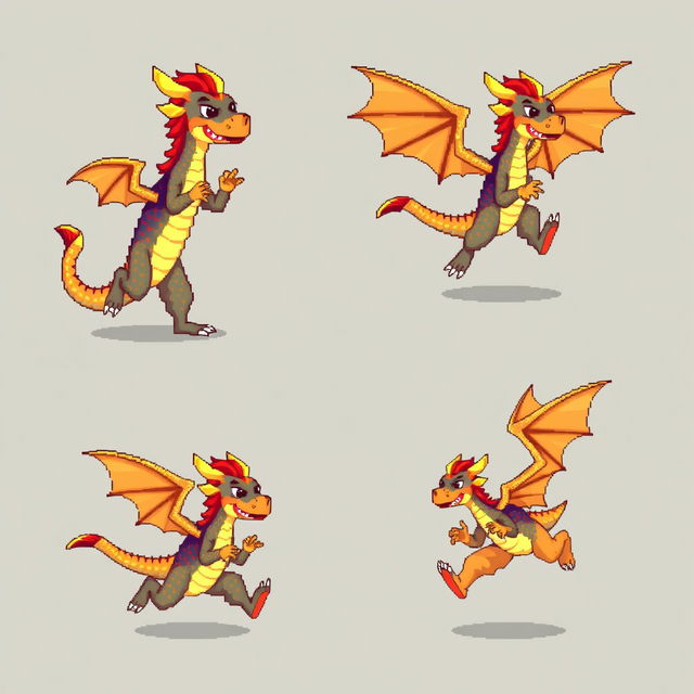 A pixel art style spritesheet depicting a humanoid dragon character in various running poses