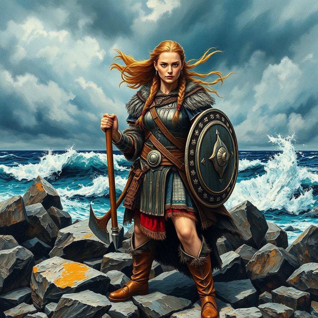 An inspiring and powerful female Viking warrior depicted in vivid impasto painting style