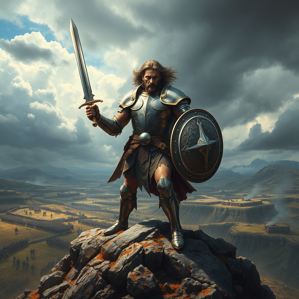 A fierce warrior in shining armor, gripping a sword in one hand and a shield in the other, standing bravely atop a rugged hill