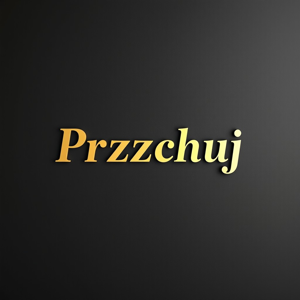A simple golden text that reads 'Przechuj', placed on the center of a black wooden background
