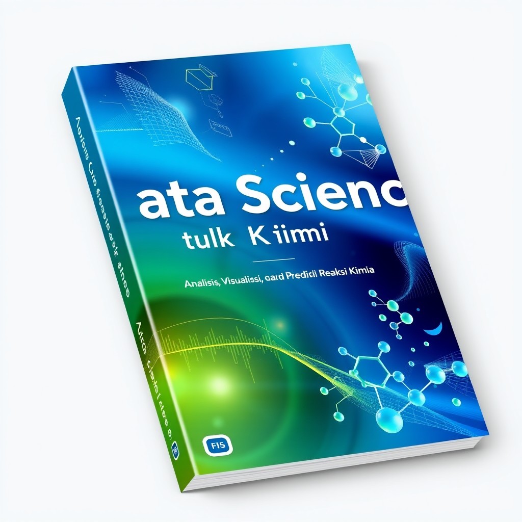 A book cover design for 'Data Science untuk Kimia: Analisis, Visualisasi, dan Prediksi Reaksi Kimia'