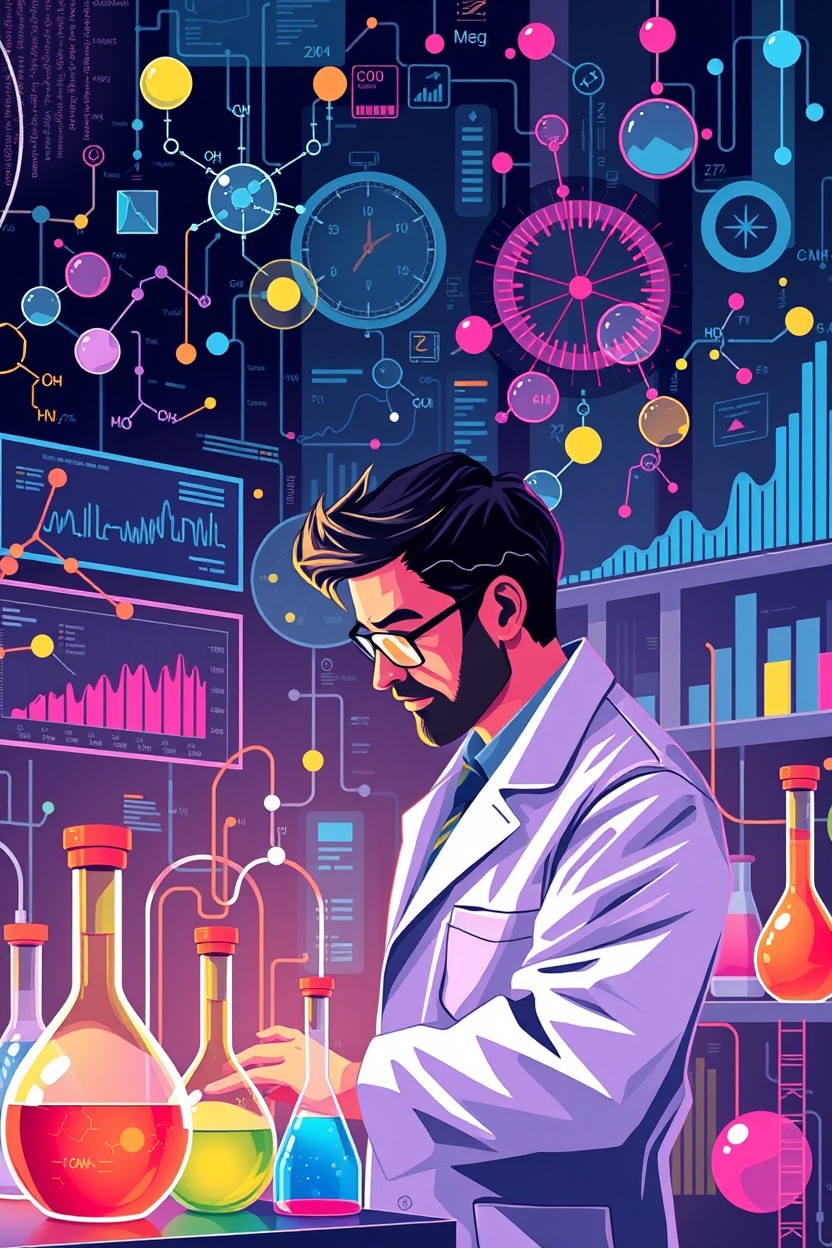 A visually engaging illustration representing Data Science applied to Chemistry featuring elements of analysis, visualization, and prediction of chemical reactions