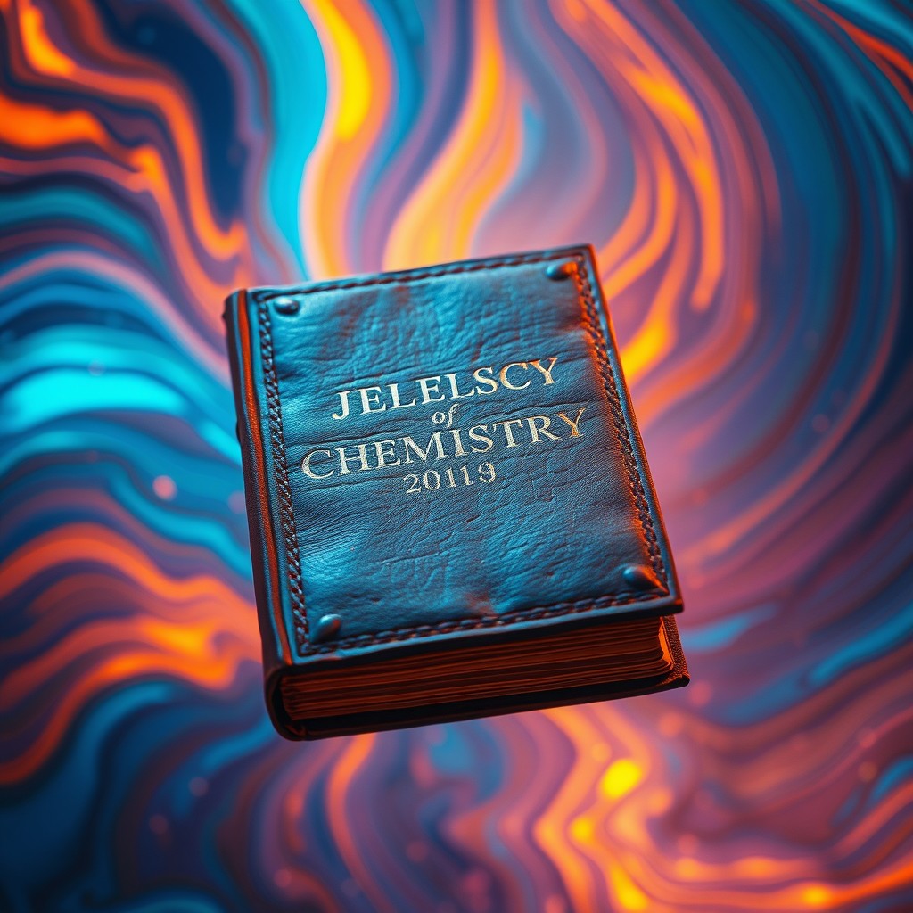 A dreamlike and intensely chromatic cinematic photograph depicting a worn, leather-bound book adorned with bold, metallic silver font on the cover