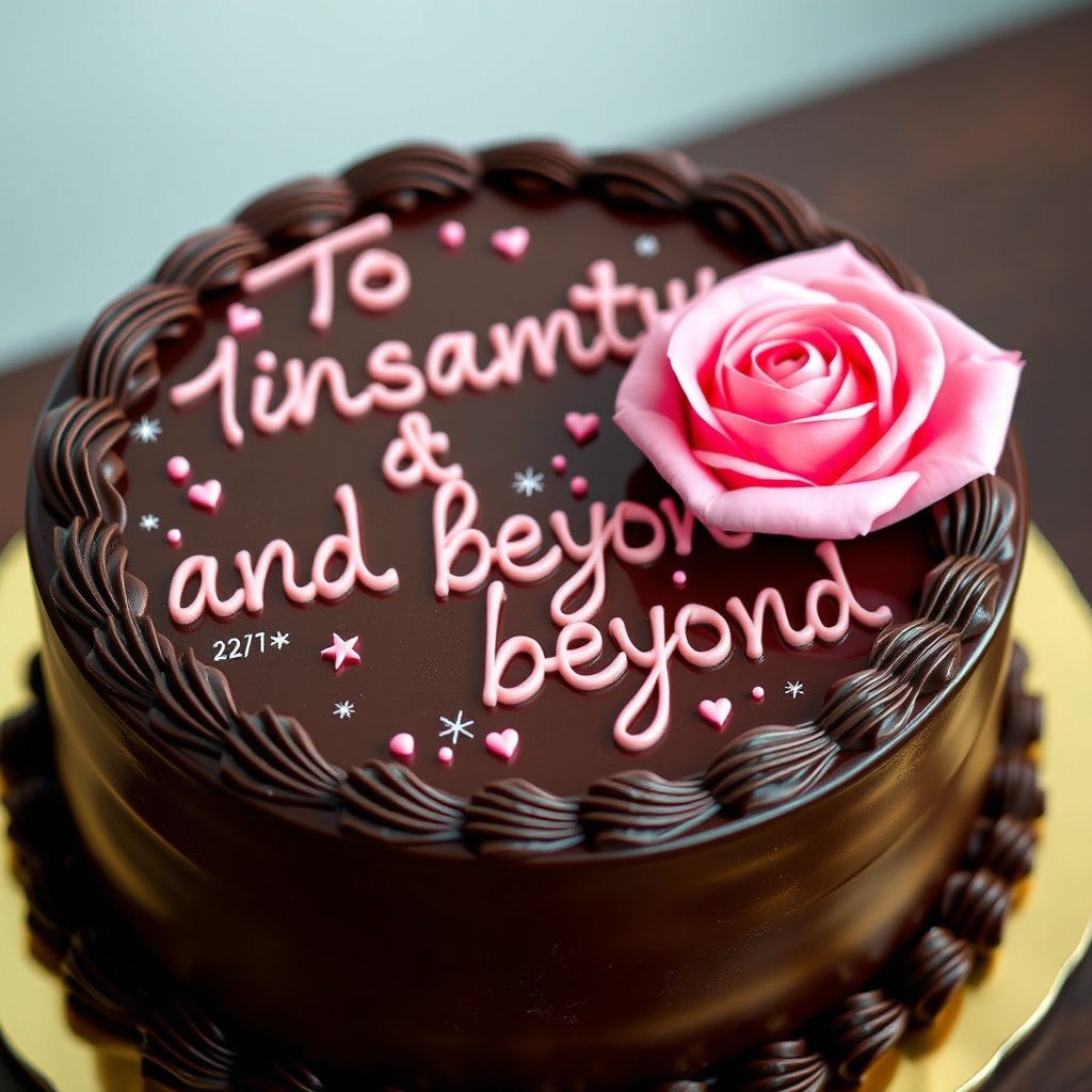 A delicious chocolate cake featuring rich chocolate icing, adorned with the inscription "To insanity and beyond" in a whimsical font that covers 2/3 of the cake's surface