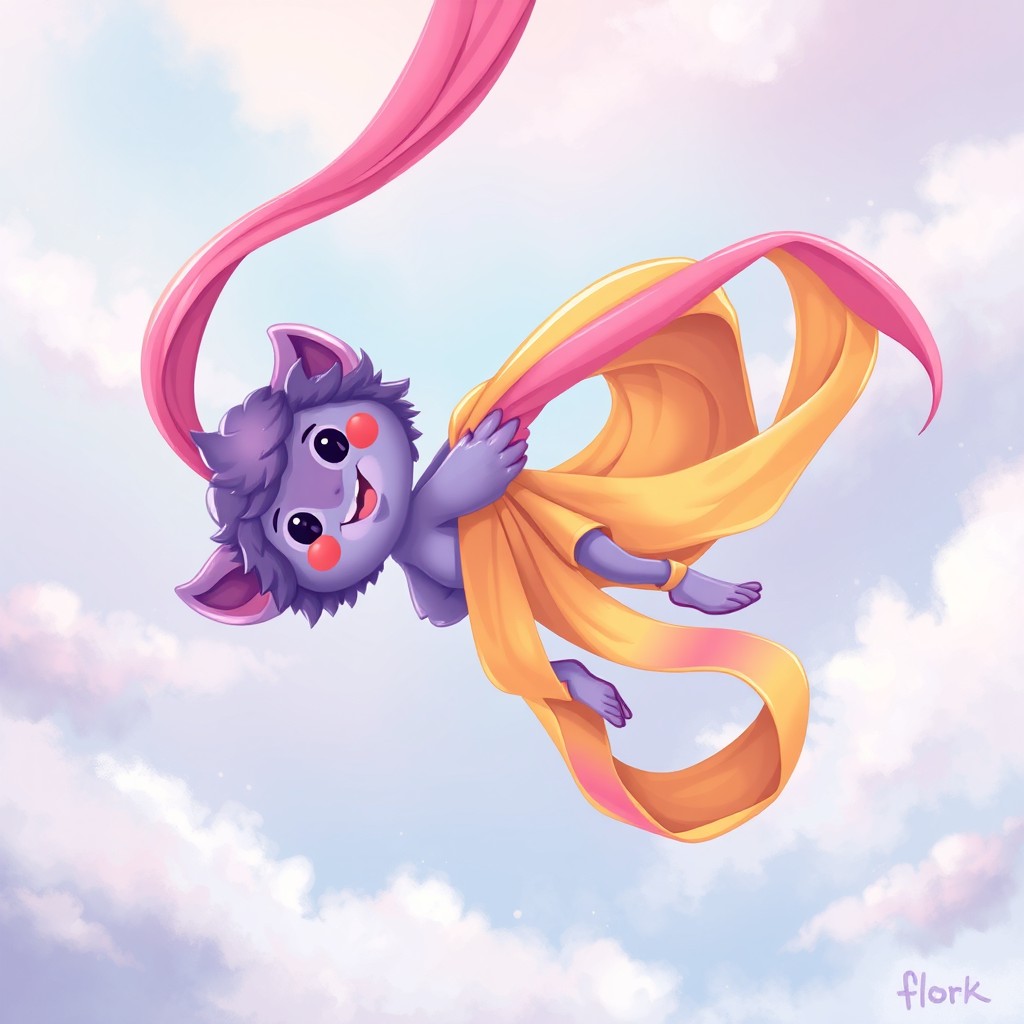 A whimsical and enchanting illustration of a Flork character gracefully performing aerial silks