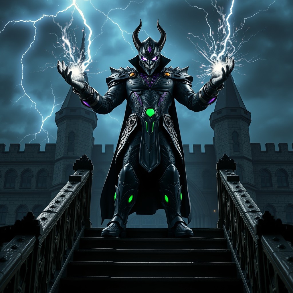 A menacing supervillain standing triumphantly atop a gothic-looking staircase in Trier, Germany