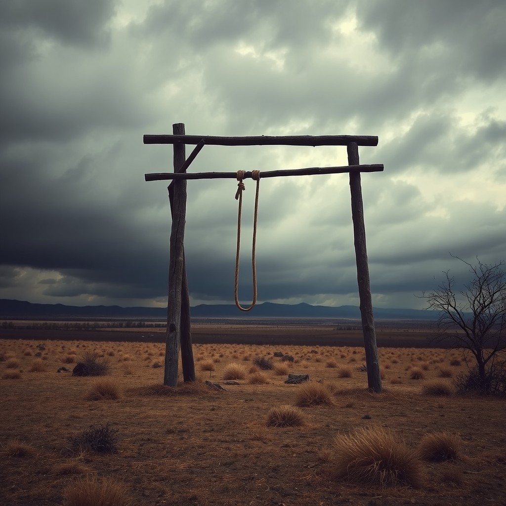 A dramatic scene depicting a gallows on a desolate field, framed by a dark, stormy sky