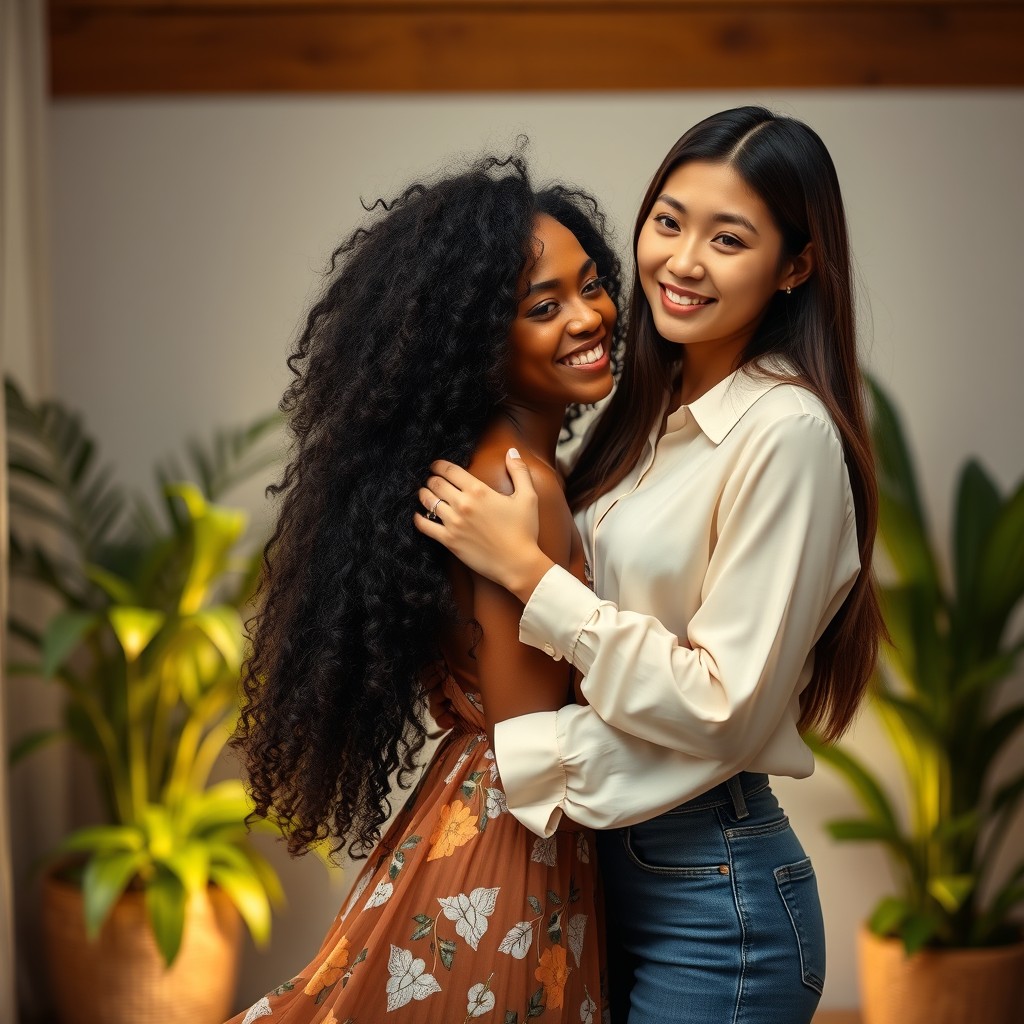 A romantic scene between two beautiful interracial women in an intimate setting, showcasing their love and connection