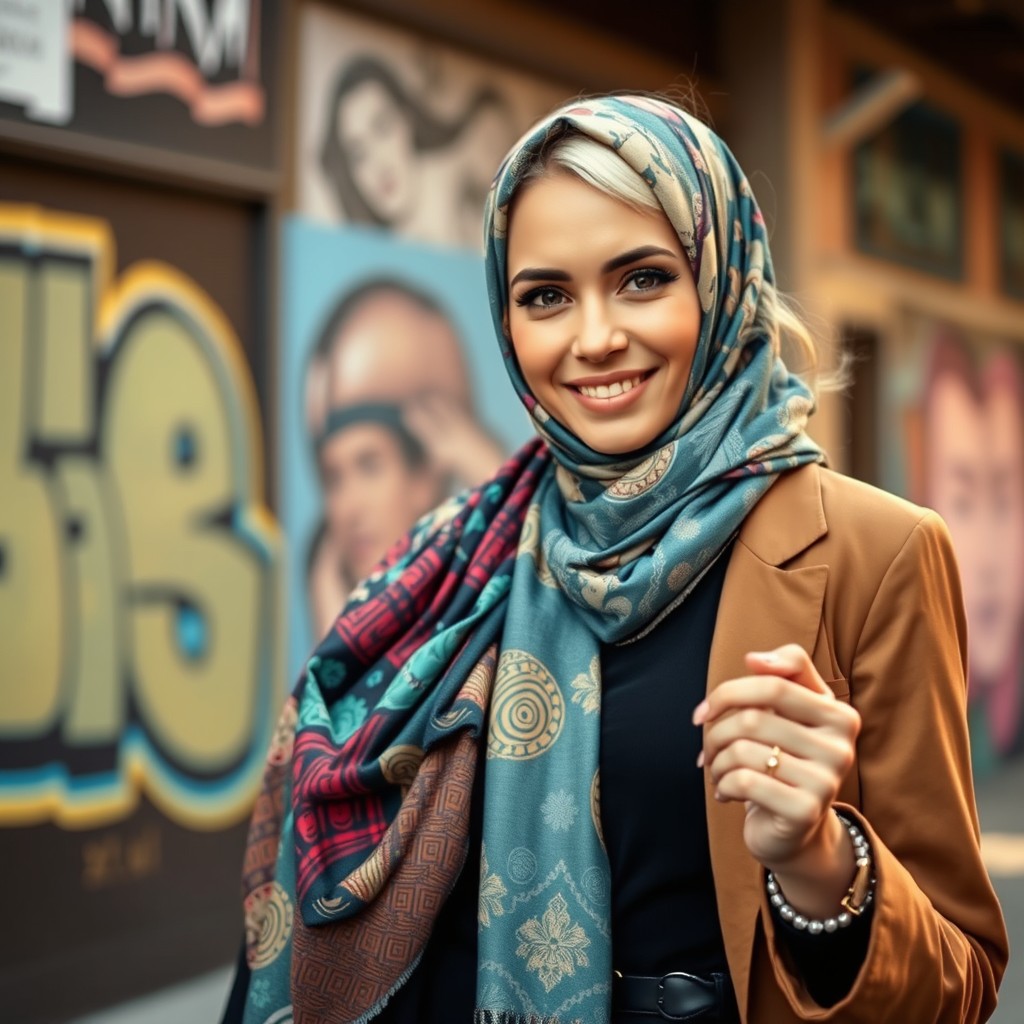 A stylish blonde woman wearing a beautifully designed hijab, showcasing vibrant patterns and textures