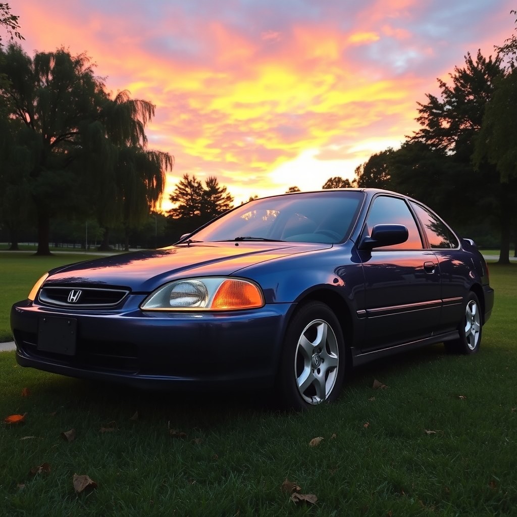 A sleek, well-maintained 2000 Honda Civic parked under a vibrant sunset sky