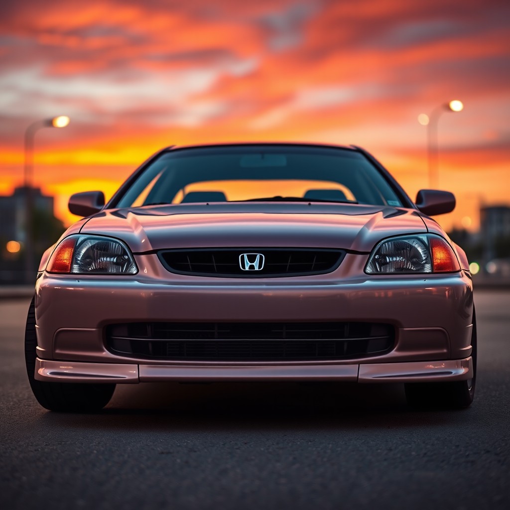 A photorealistic image of a 2000 Honda Civic, showcasing its sleek lines and sporty design