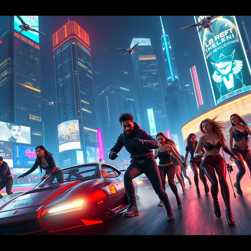 A dynamic scene from an action-packed video featuring a futuristic cityscape at night, illuminated by neon lights