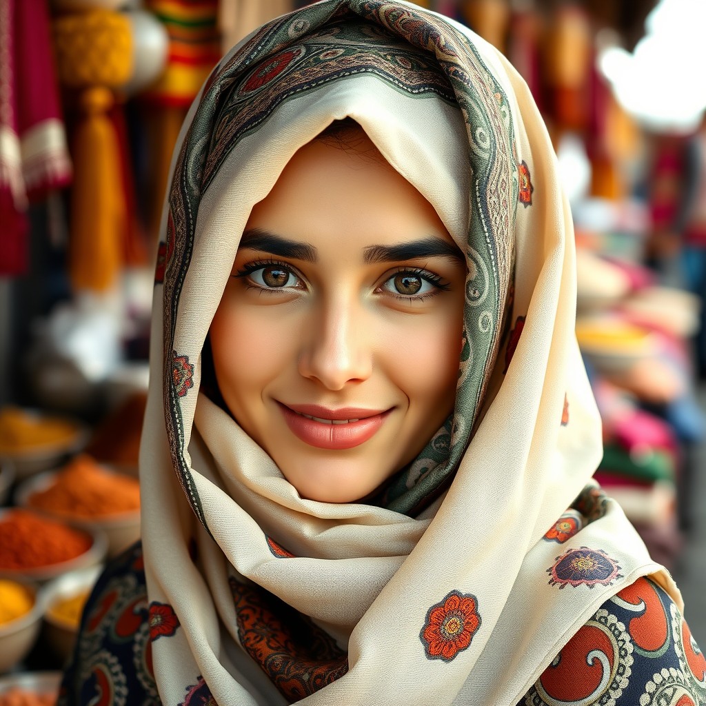 A beautiful Arab woman wearing a stylish hijab, adorned with intricate patterns and vibrant colors
