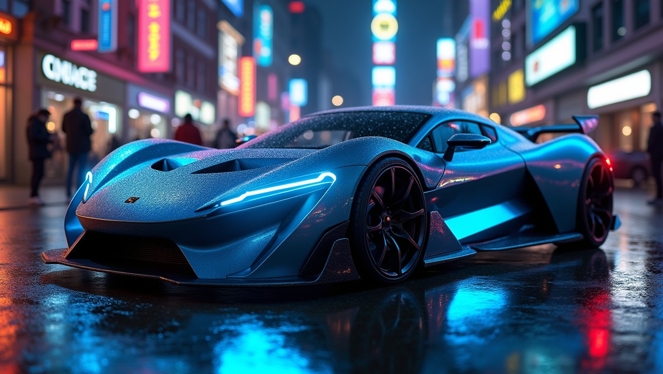 A sleek, futuristic sports car parked in an urban street at night