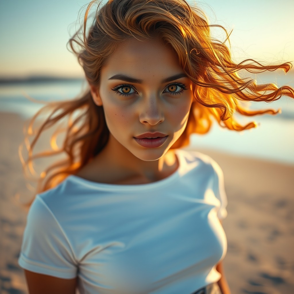 A hyperrealistic portrait of a stunning 19-year-old woman, showcasing a fusion of Latina and North American features, with smooth golden-olive skin and delicate freckles adorning her nose