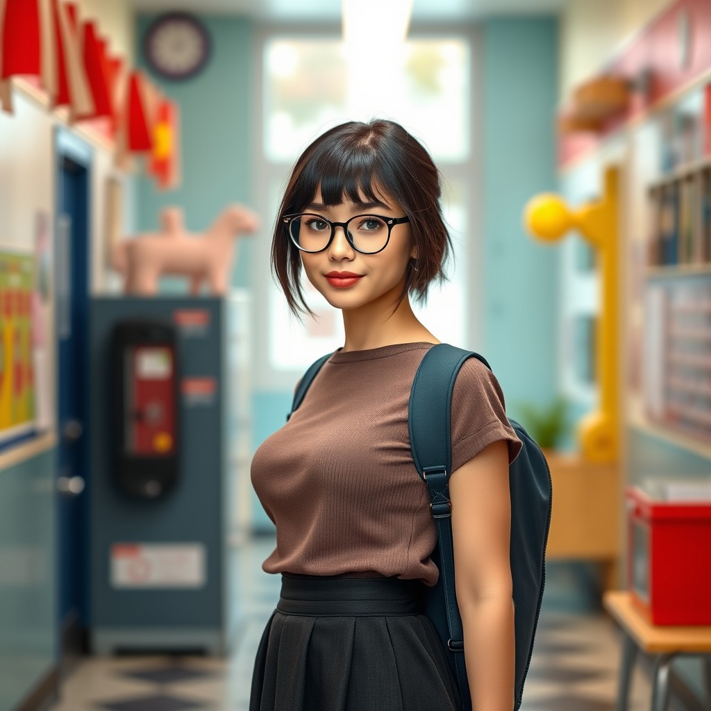 A young Caucasian American woman with a figure of 34C-26-34, wearing dark-rimmed glasses and featuring mid-back dark brunette hair