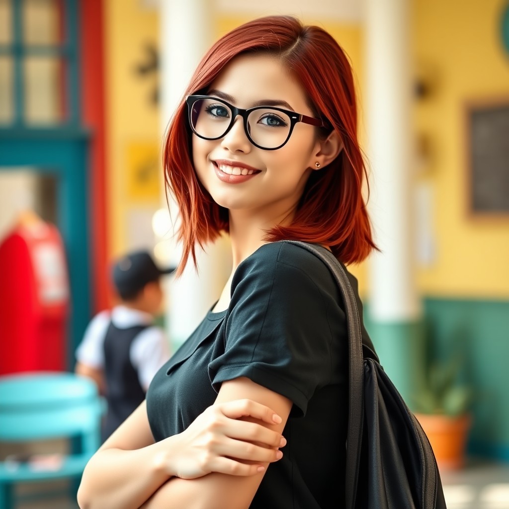 A young Caucasian American woman with a figure of 34C-26-34, wearing dark-rimmed glasses and featuring mid-back dark red hair