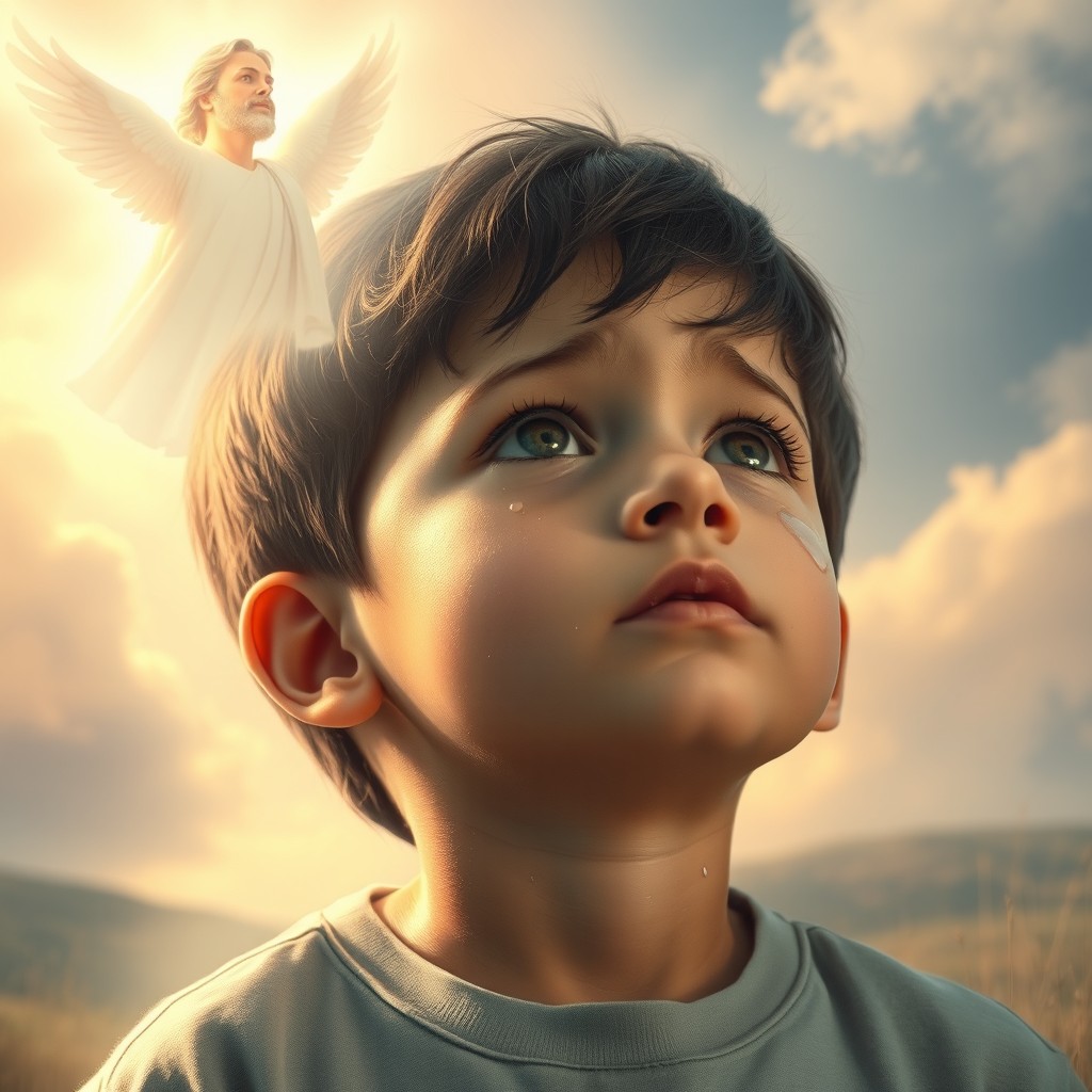 A young boy with tears streaming down his face, looking up toward a luminous and comforting figure of God hovering above him