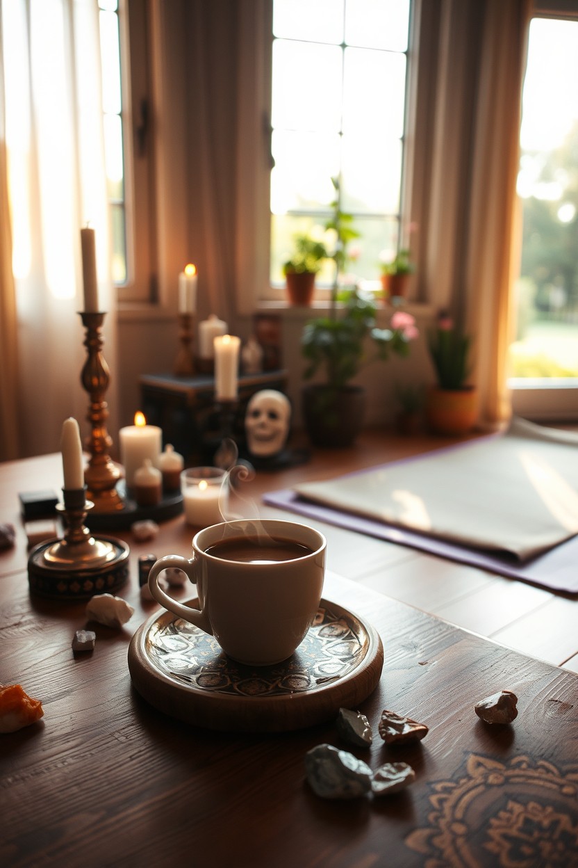 A serene and cozy scene that embodies the essence of spirituality and the warm comfort of coffee