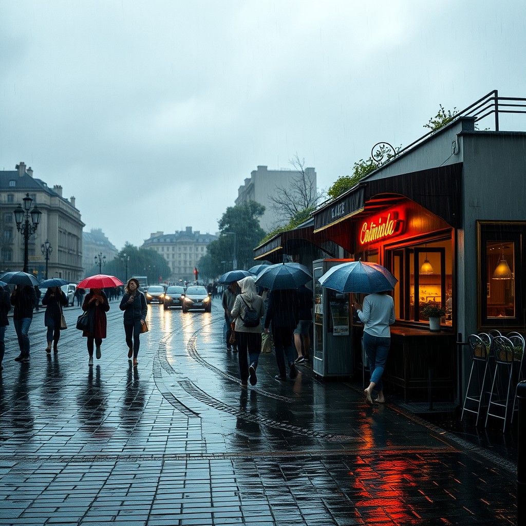A tranquil and atmospheric scene depicting a rainy day in an urban setting