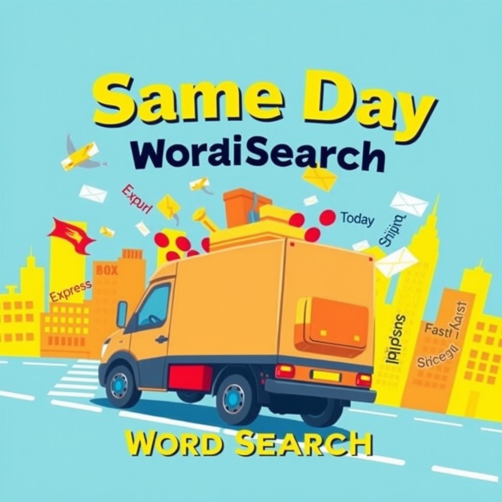 A vibrant and engaging book cover design for an introduction page titled 'Same Day Delivery Word Search'