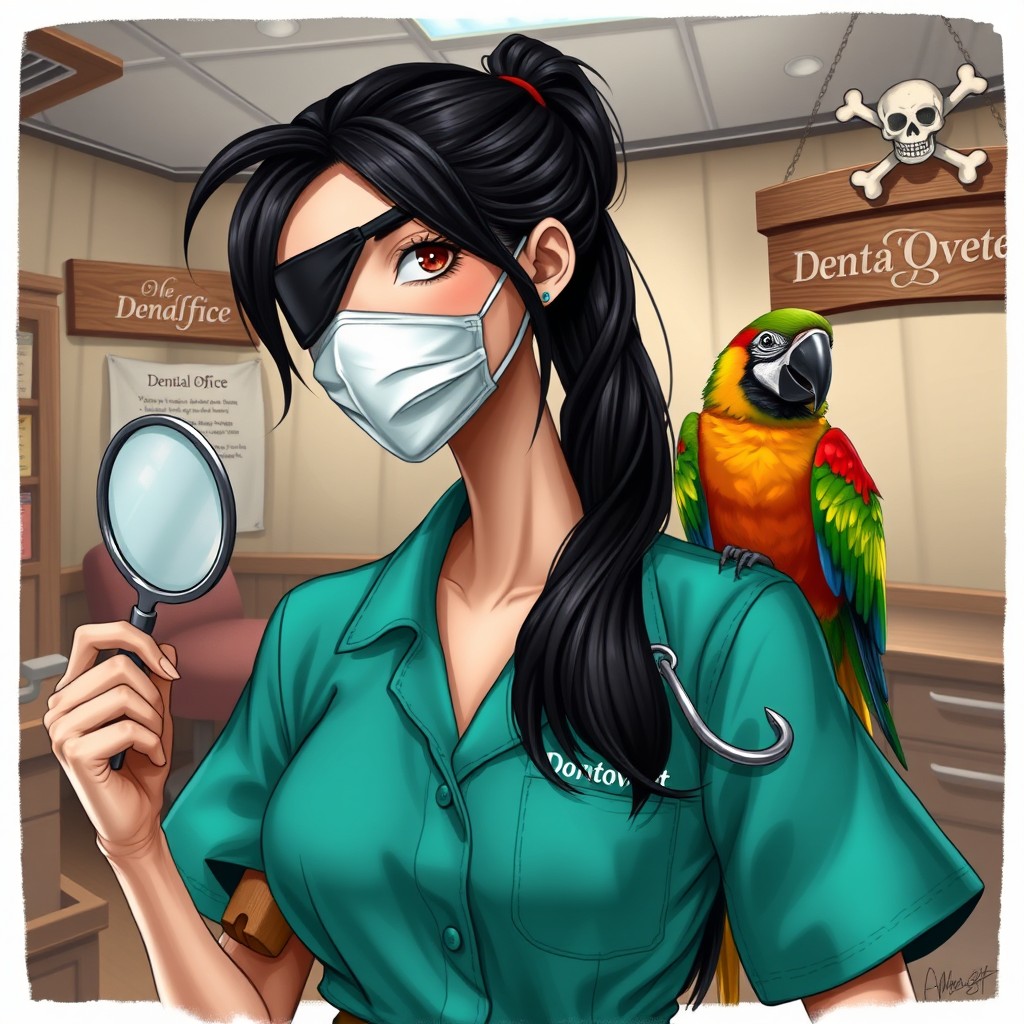 A realistic-detailed illustration of a **pirate veterinarian dentist**: a slender white woman with black hair in a ponytail, wearing a surgical mask covering the lower half of her face, and a **pirate eye patch over her left eye** (on top of the mask)