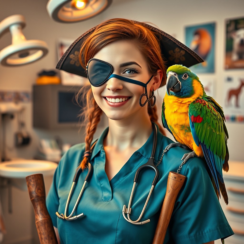 A female veterinarian specialized in dentistry, wearing a pirate eye patch on her right eye, a mask on her face, and a wooden leg