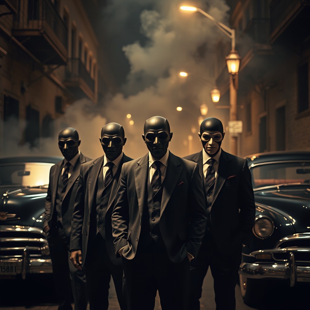 A mysterious mafia group shrouded in secrecy, with all members wearing stylish, tailored suits and masks that conceal their identities