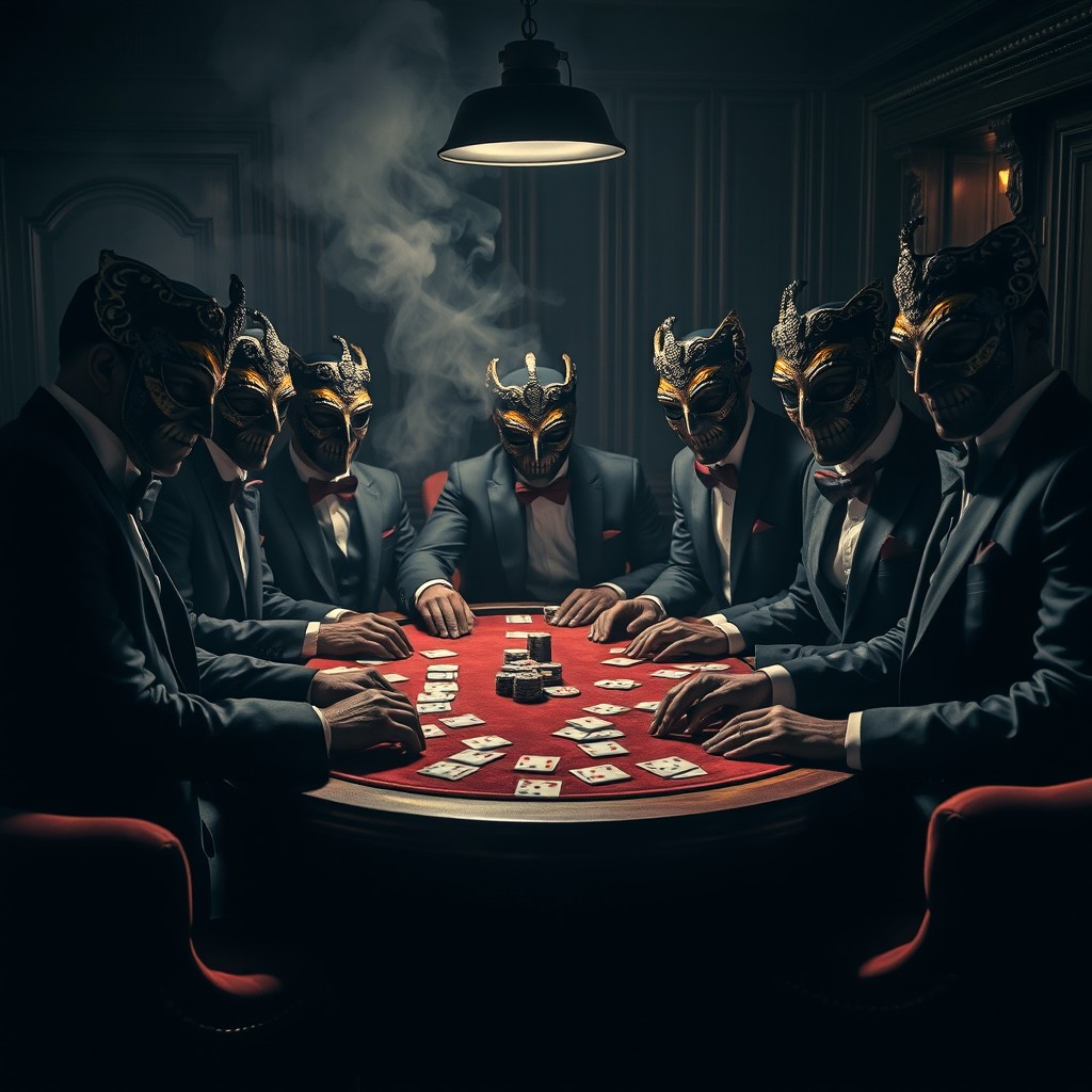 A clandestine mafia group gathered around a dimly lit table, intensely focused on a high-stakes gambling game