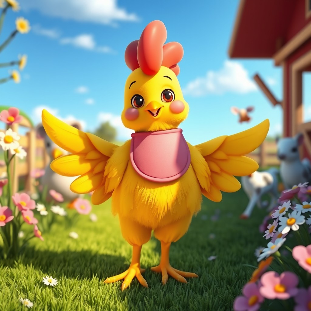 A beautifully designed anthropomorphic chicken character with vibrant yellow feathers, wearing a playful pink bib and a cute, cartoonish face