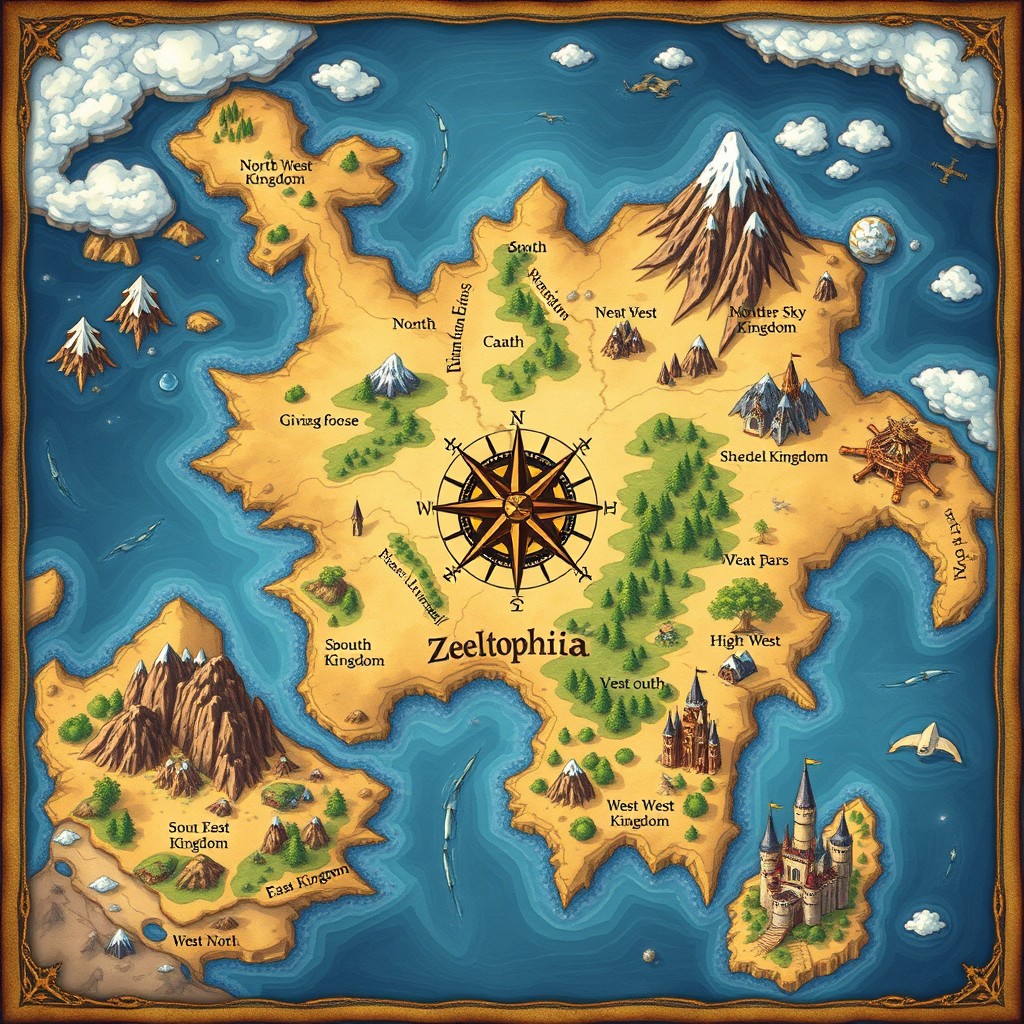 A beautifully illustrated fantasy map depicting various kingdoms and clans in a fairytale setting